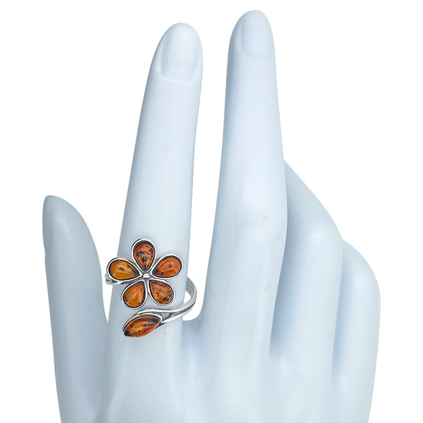 Cognac Amber Sterling Silver Flower Adjustable Ring