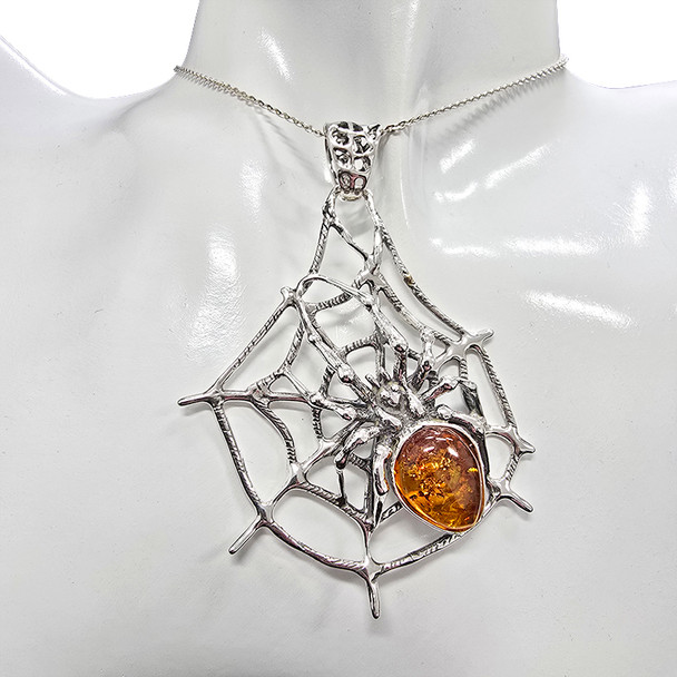 Spider on a Cobweb Amber Sterling Silver Pendant