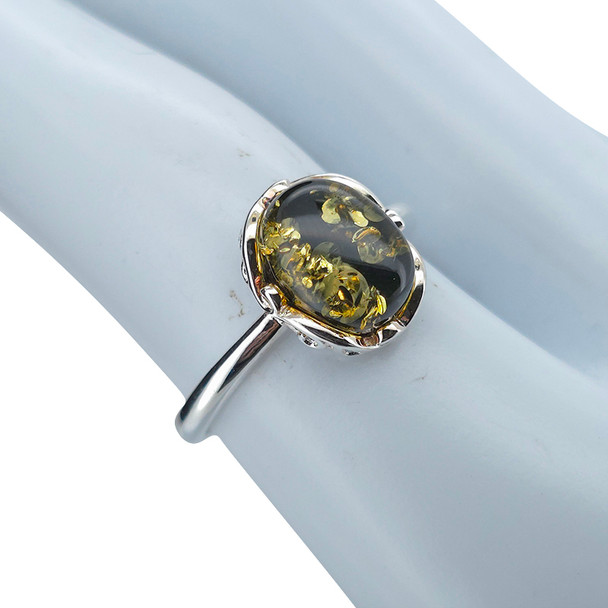 Green Amber Sterling Silver Adjustable Ring