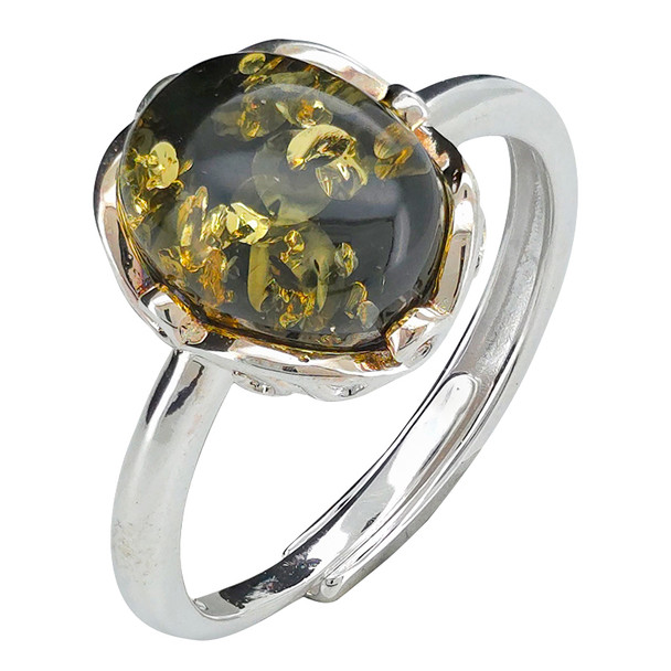Green Amber Sterling Silver Adjustable Ring