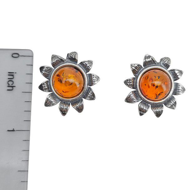 Cognac Amber Sunflower Sterling Silver Stud Earrings