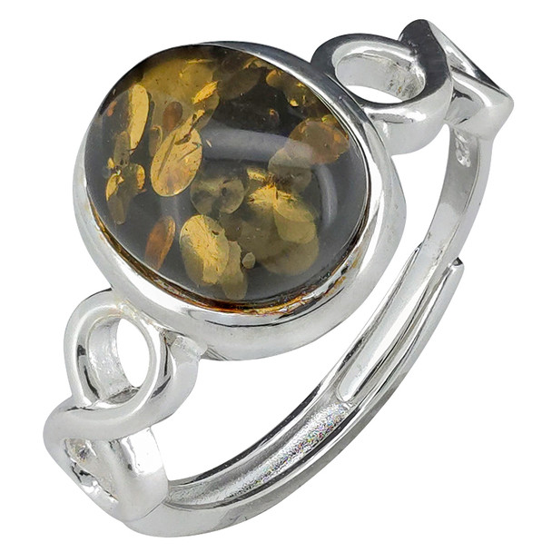 Green Amber Sterling Silver Adjustable Ring