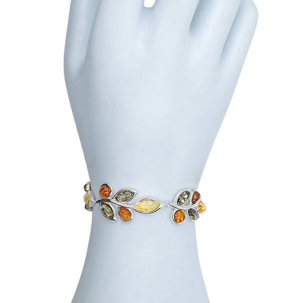 Multi-Color Amber Sterling Silver Leaf Design Link Bracelet