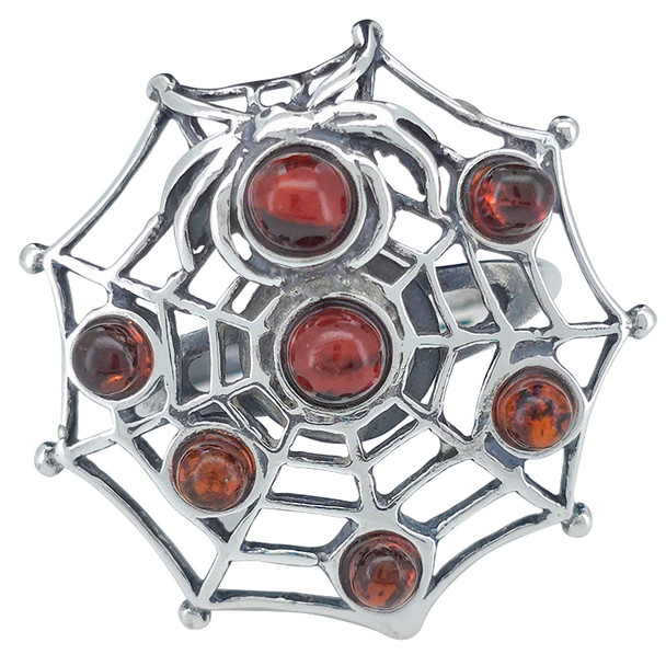 Cherry Amber Sterling Silver Spider on Web Adjustable Ring