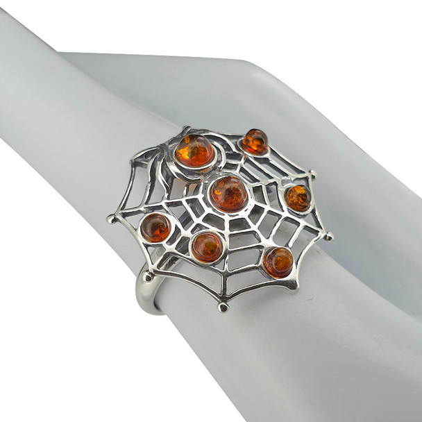 Cognac Amber Sterling Silver Spider on Web Adjustable Ring