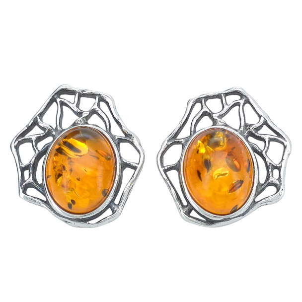 Cognac Amber Sterling Silver Stud Earrings