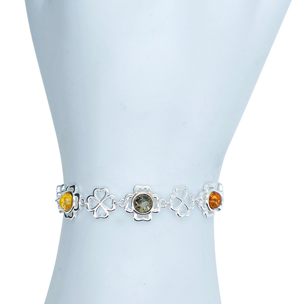 Amber Sterling Silver Clover Design Link Bracelet