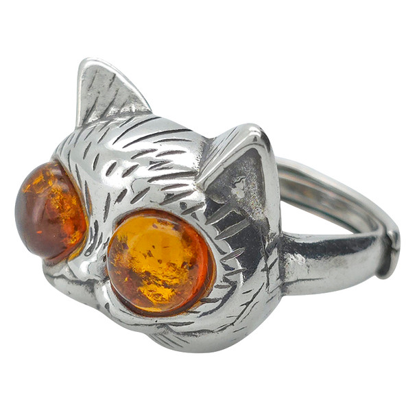 Cognac Amber Sterling Silver Adjustable Cat Ring