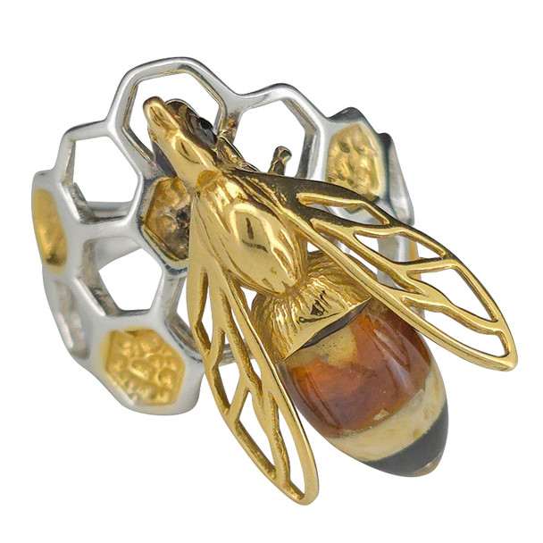 Multi-Color Amber 14K Gold-Plated Sterling Silver Bee Adjustable Ring