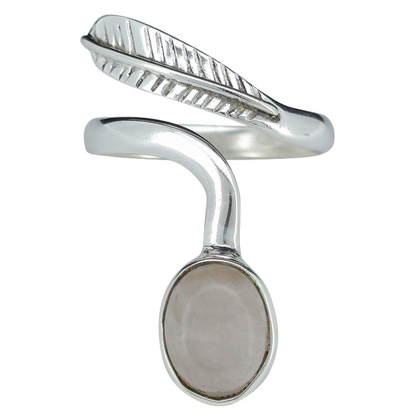 Rose Quartz Sterling Silver Adjustable Ring with Feather Design