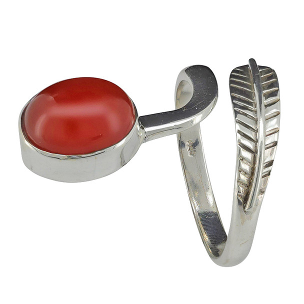 Red Onyx Sterling Silver Adjustable Ring with Feather Design