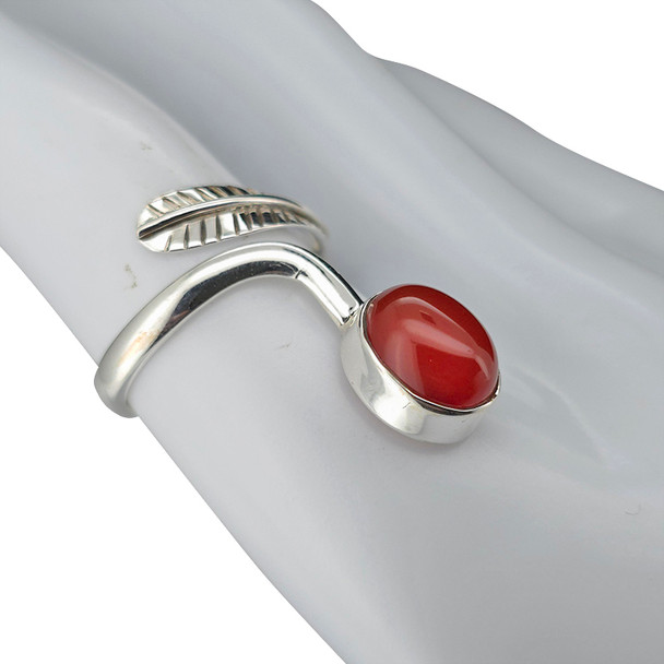 Red Onyx Sterling Silver Adjustable Ring with Feather Design