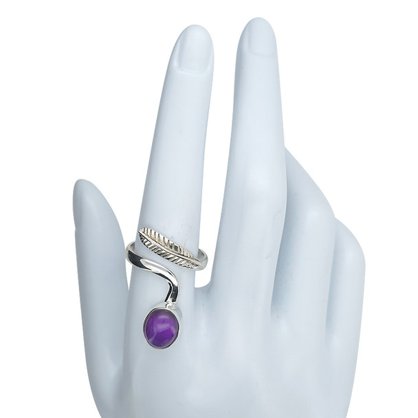 Amethyst Sterling Silver Adjustable Ring with Feather Design
