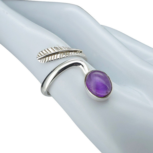 Amethyst Sterling Silver Adjustable Ring with Feather Design