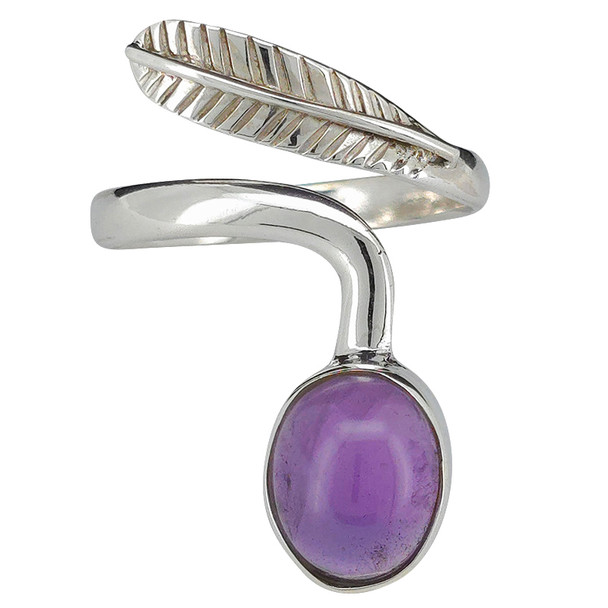 Amethyst Sterling Silver Adjustable Ring with Feather Design
