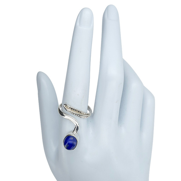 Lapis Sterling Silver Adjustable Ring with Feather Design