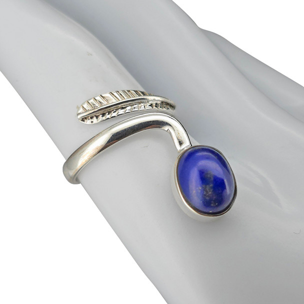 Lapis Sterling Silver Adjustable Ring with Feather Design