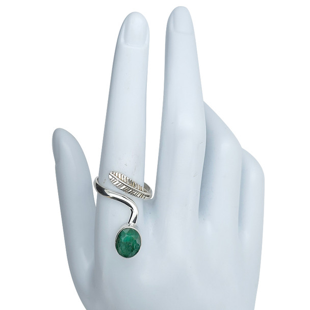 Faceted Composite Emerald Sterling Silver Adjustable Ring with Feather Design