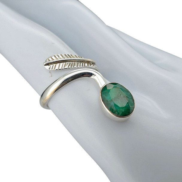Faceted Composite Emerald Sterling Silver Adjustable Ring with Feather Design