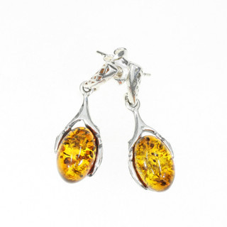 Citrine-Colored Amber Sterling Silver Post Dangle Earrings