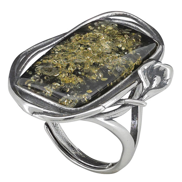 Green Amber Sterling Silver Handmade Adjustable Ring