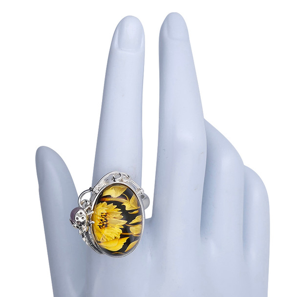 Sunflower And Ladybug Amber Cameo Adjustable Ring