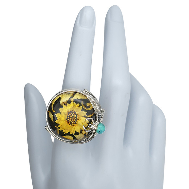 Sunflower And Spider Amber Silver Adjustable Ring