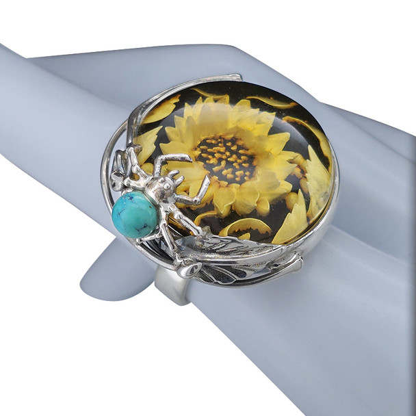Sunflower And Spider Amber Silver Adjustable Ring
