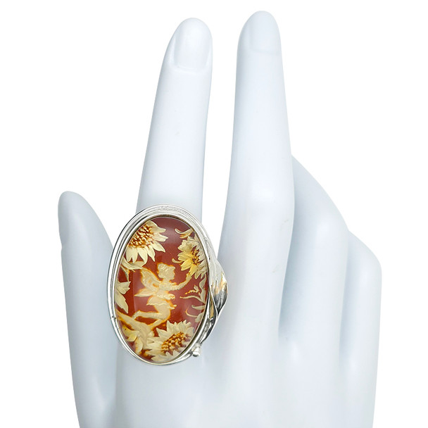 Fairy And Sunflowers Amber Cameo Adjustable Ring