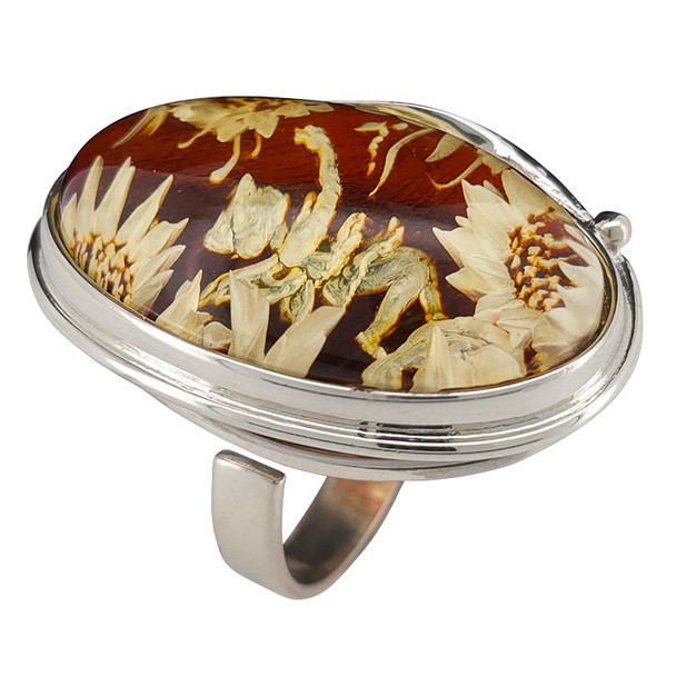 Fairy And Sunflowers Amber Cameo Adjustable Ring