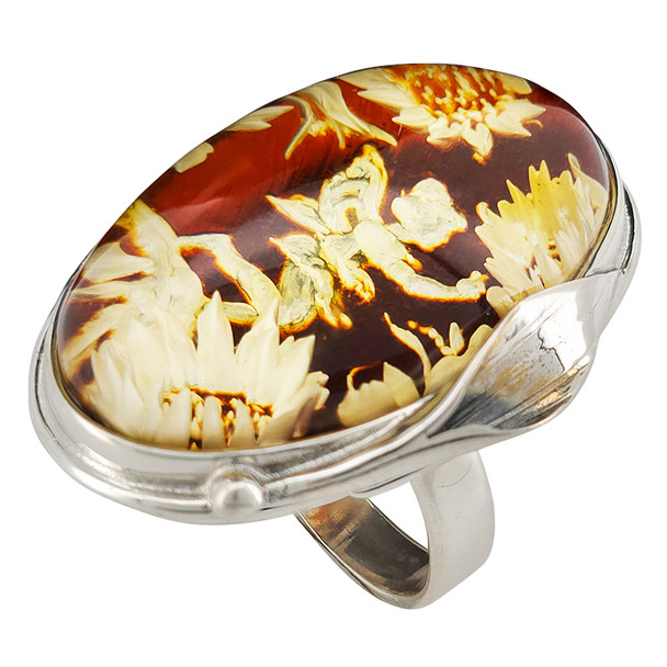 Fairy And Sunflowers Amber Cameo Adjustable Ring