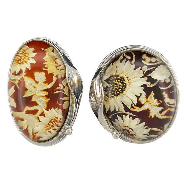 Fairy And Sunflowers Amber Cameo Adjustable Ring