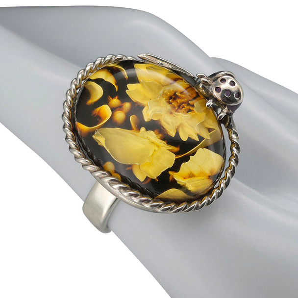 Butterfly With Flowers And A Ladybug Amber Cameo Ring