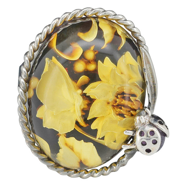 Butterfly With Flowers And A Ladybug Amber Cameo Ring