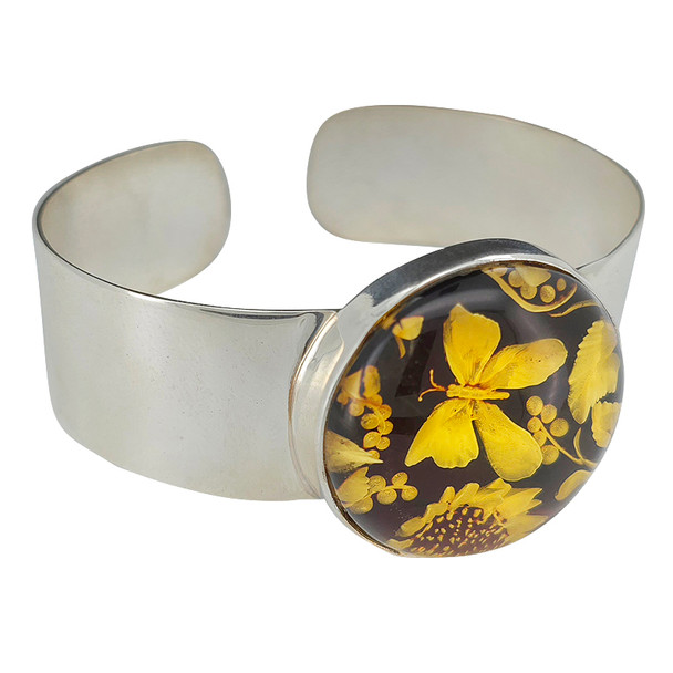 Butterfly With Flowers Amber Cameo Cuff Bracelet