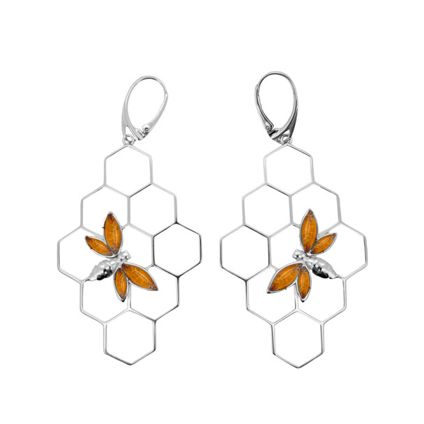 Bee On Honeycomb Cognac Amber Silver Earrings On Hooks