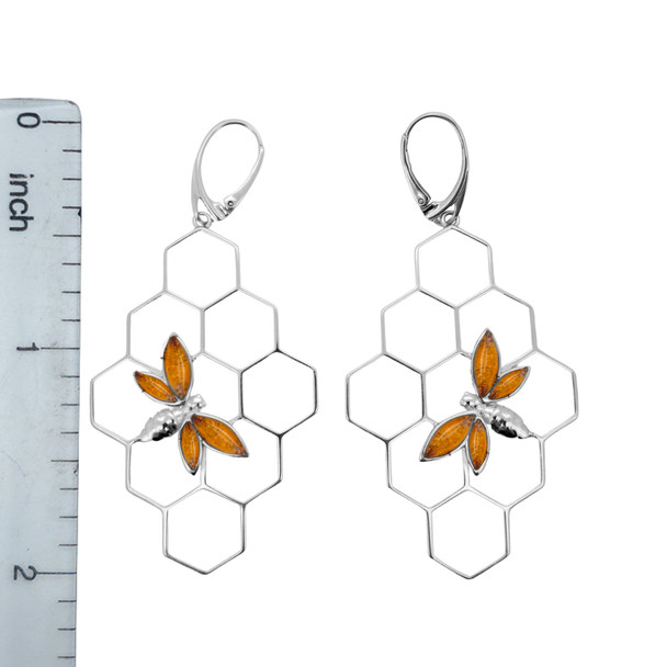 Bee On Honeycomb Cognac Amber Silver Earrings On Hooks
