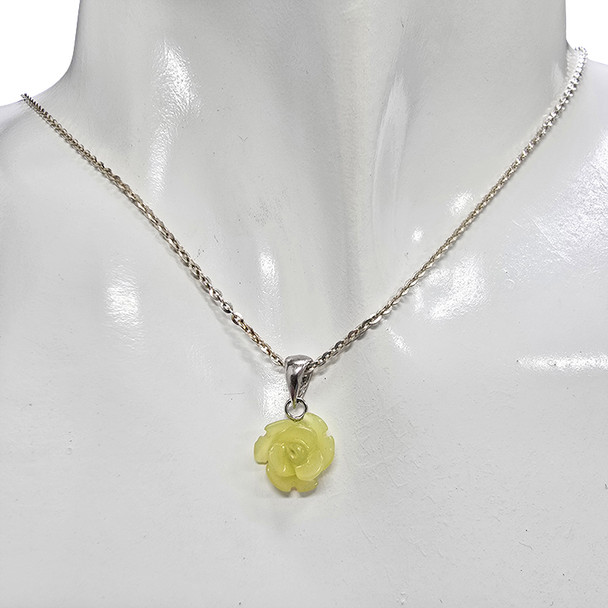 Olive Jade Sterling Silver Rose Pendant