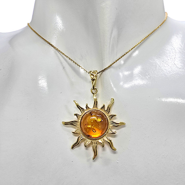 Cognac Amber 14K Gold-Plated Sterling Silver Sun Pendant