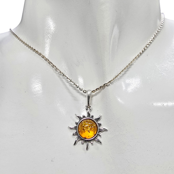 Cognac Amber Sterling Silver Sun Pendant