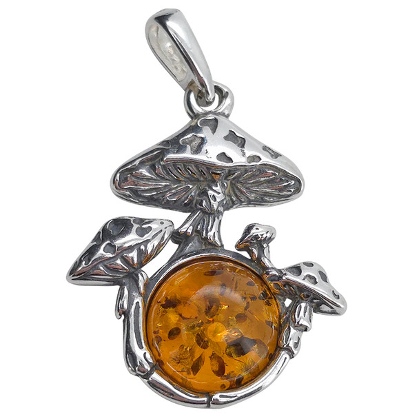 Amber Sterling Silver Mushroom Pendant