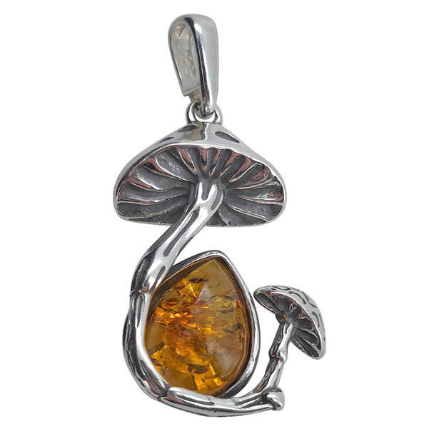 Amber Sterling Silver Mushrooms Pendant