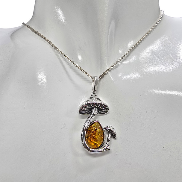 Amber Sterling Silver Mushroom Pendant