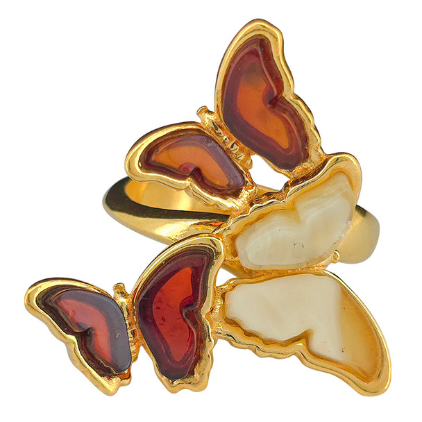 Multi-Color Amber 14K Gold Plated Sterling Silver Butterfly Adjustable Ring