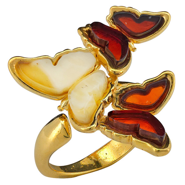 Multi-Color Amber 14K Gold Plated Sterling Silver Butterfly Adjustable Ring