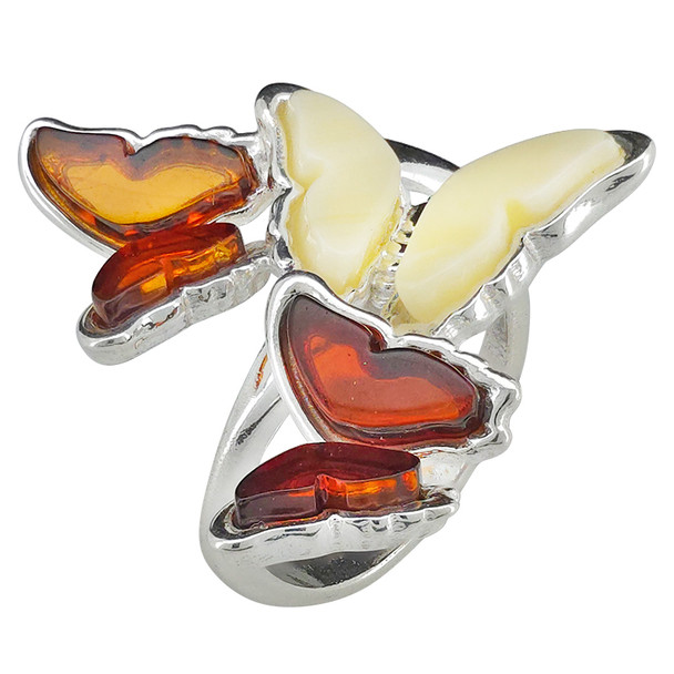 Multi-Color Amber Sterling Silver Butterfly Adjustable Ring