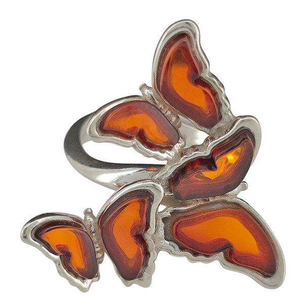 Cognac Amber Sterling Silver Butterfly Adjustable Ring