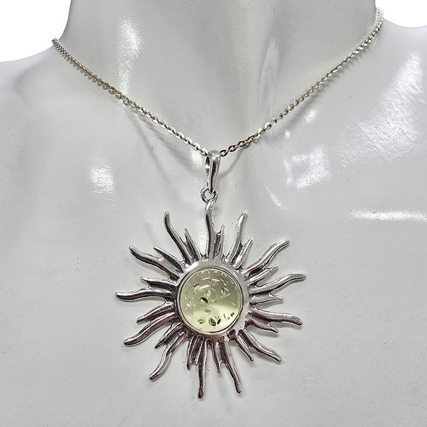 Citrine Color Amber Sterling Silver Sun Pendant