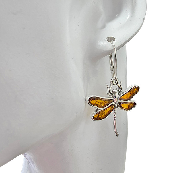 Amber Sterling Silver Dragonfly Hook Earrings