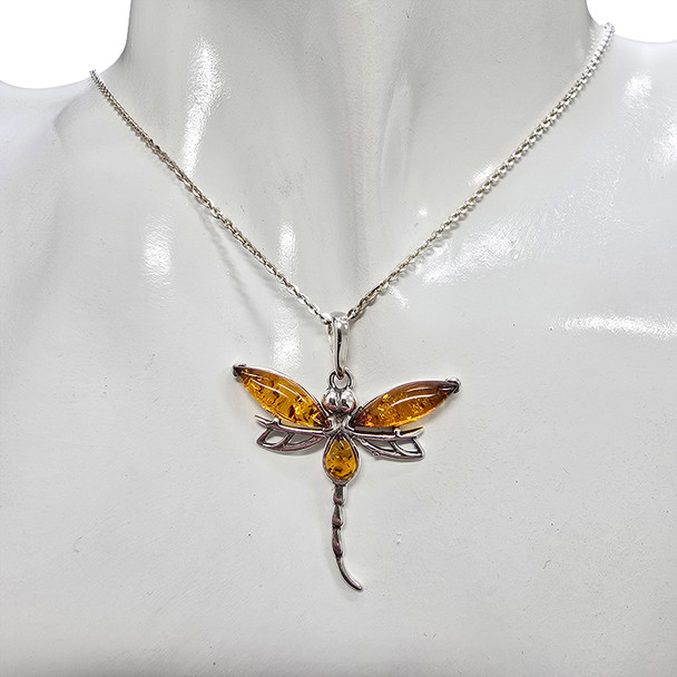 Cognac Color Amber Sterling Silver Dragonfly Pendant